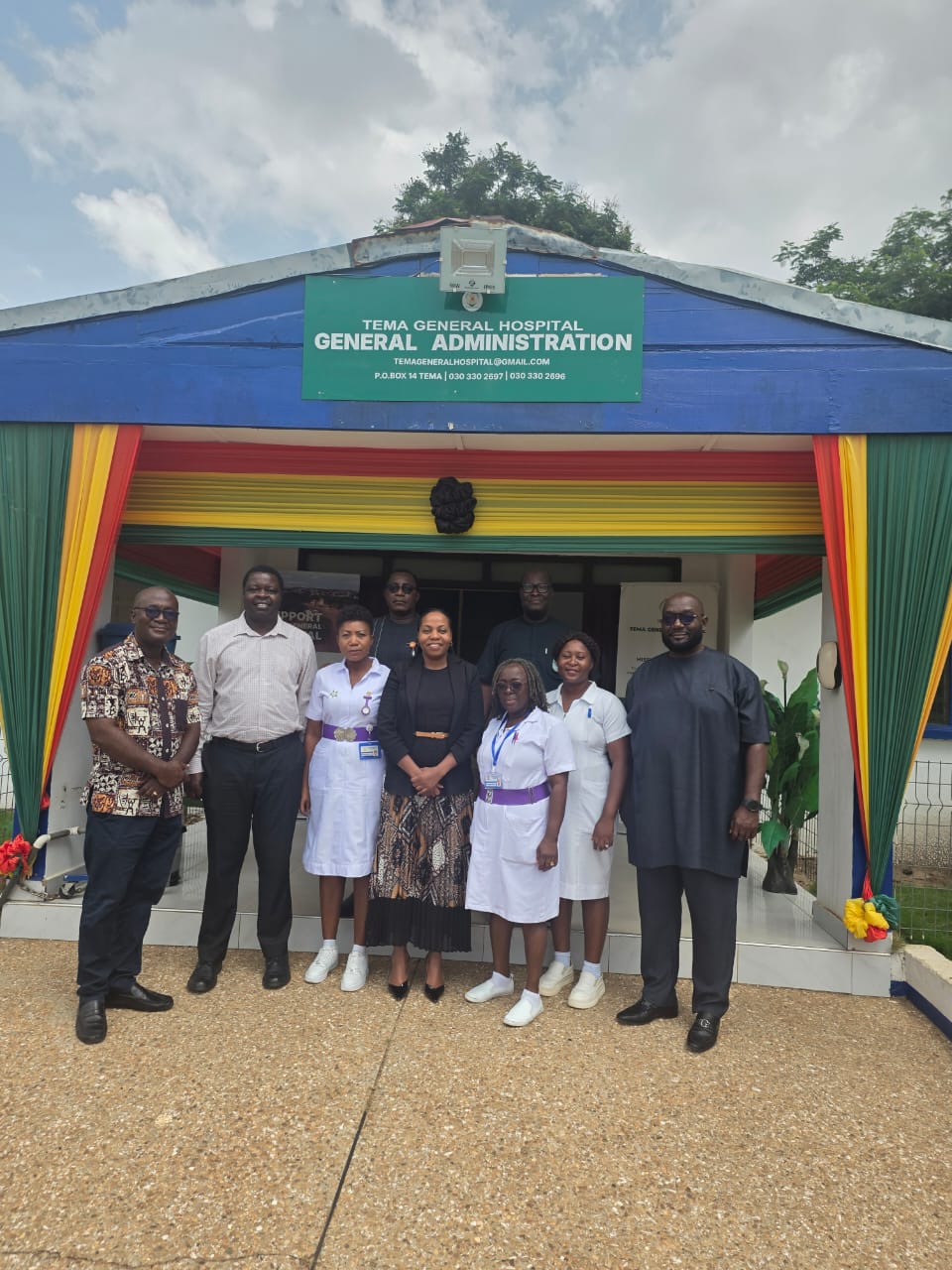 MEBCI team outside the Tema General Hospital administration block