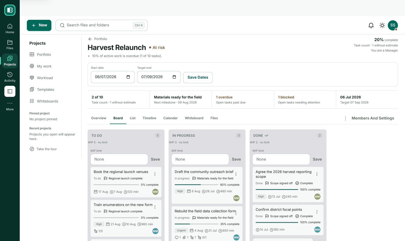 A CoVault project board with tasks in columns