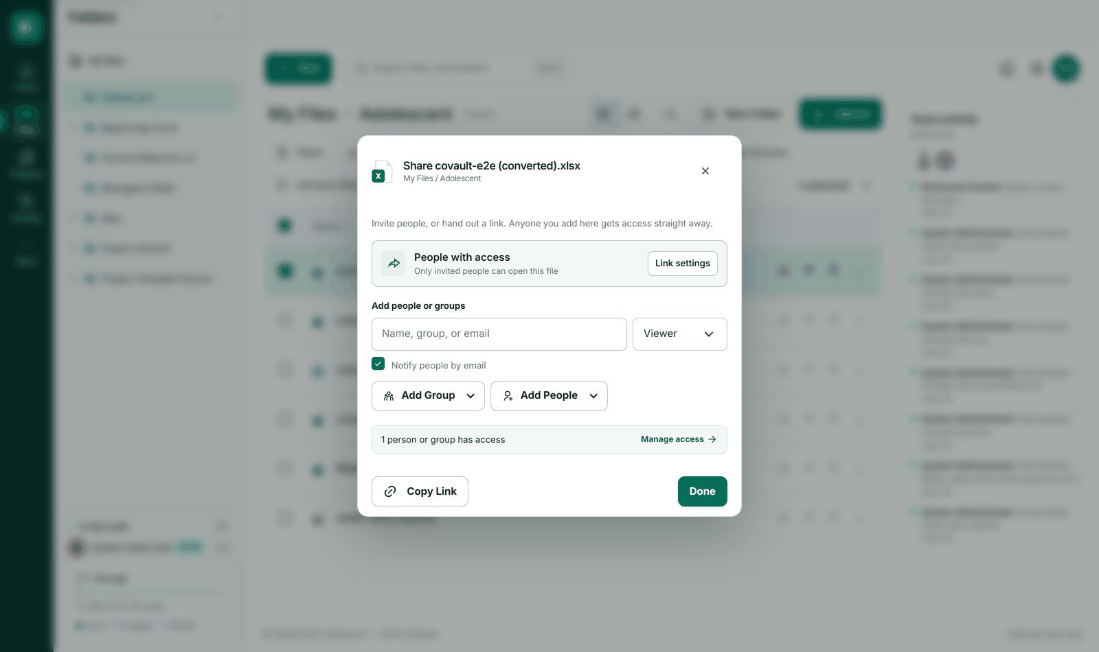 The CoVault share dialog, with link settings above named people and groups
